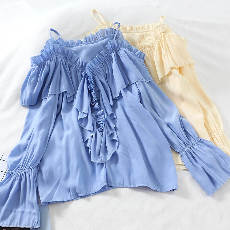 

summer new 2019 ruffles women blouse and shirts solid loose off shoulder flare sleeved blue white lady shirts outwear tops