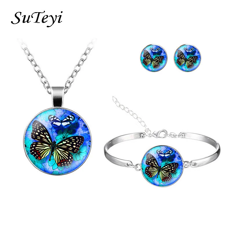 Suteyi романтическая Красивая Голубая бабочка художественное изображение стеклянный кабошон ожерелье серьги-гвоздики браслет ювелирный набор для свадебного подарка