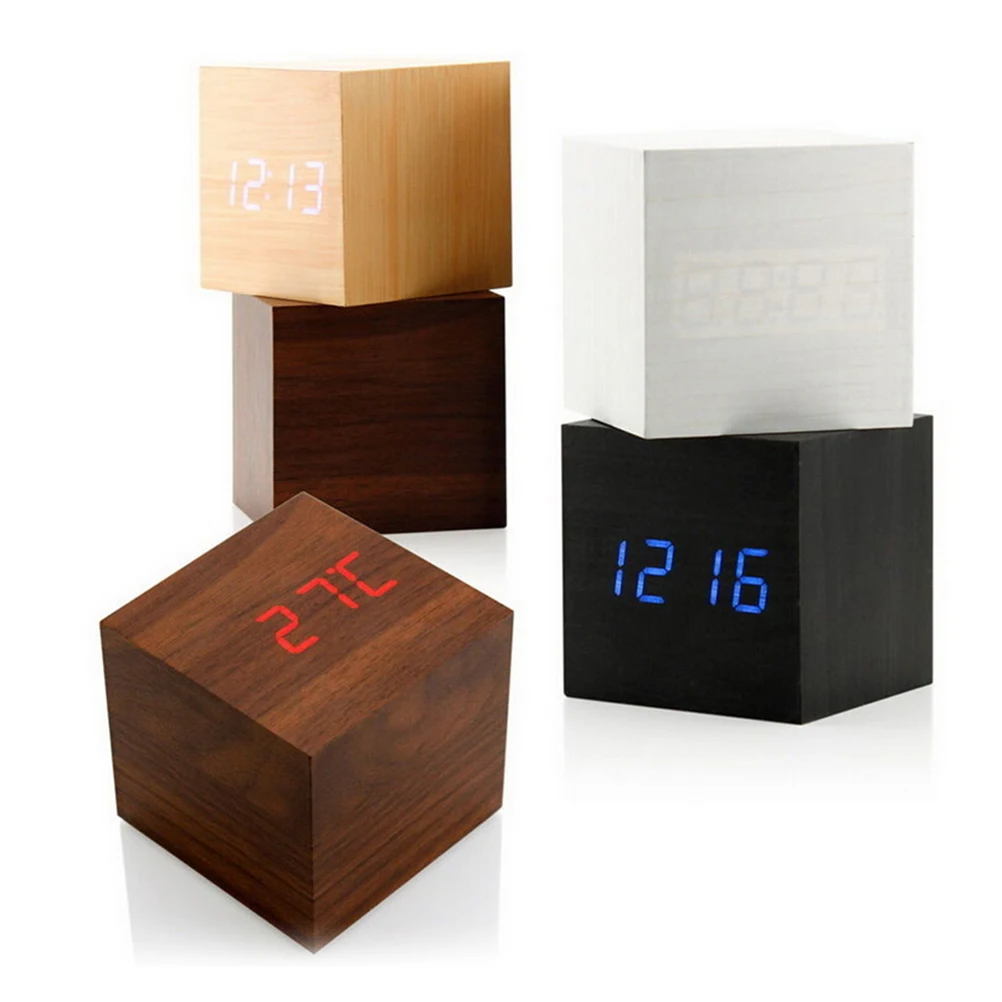 Cube Wooden Clock Voice Control LED Digital alarm clock Desk Snooze