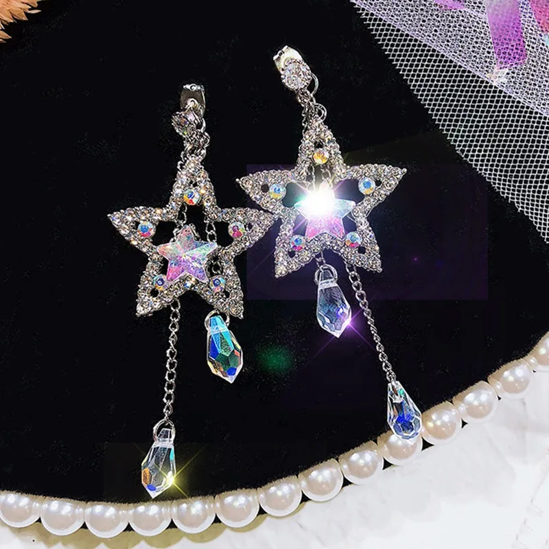 Women Crystal Earrings Star Rhinestone Stars Long Tassel Dangle
