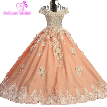 

AOLANES 2018 Ball Gown Satin Evening Dresses Flowers Sequins Beading Long Elegant Orange Party Prom Dress Robe De Soiree
