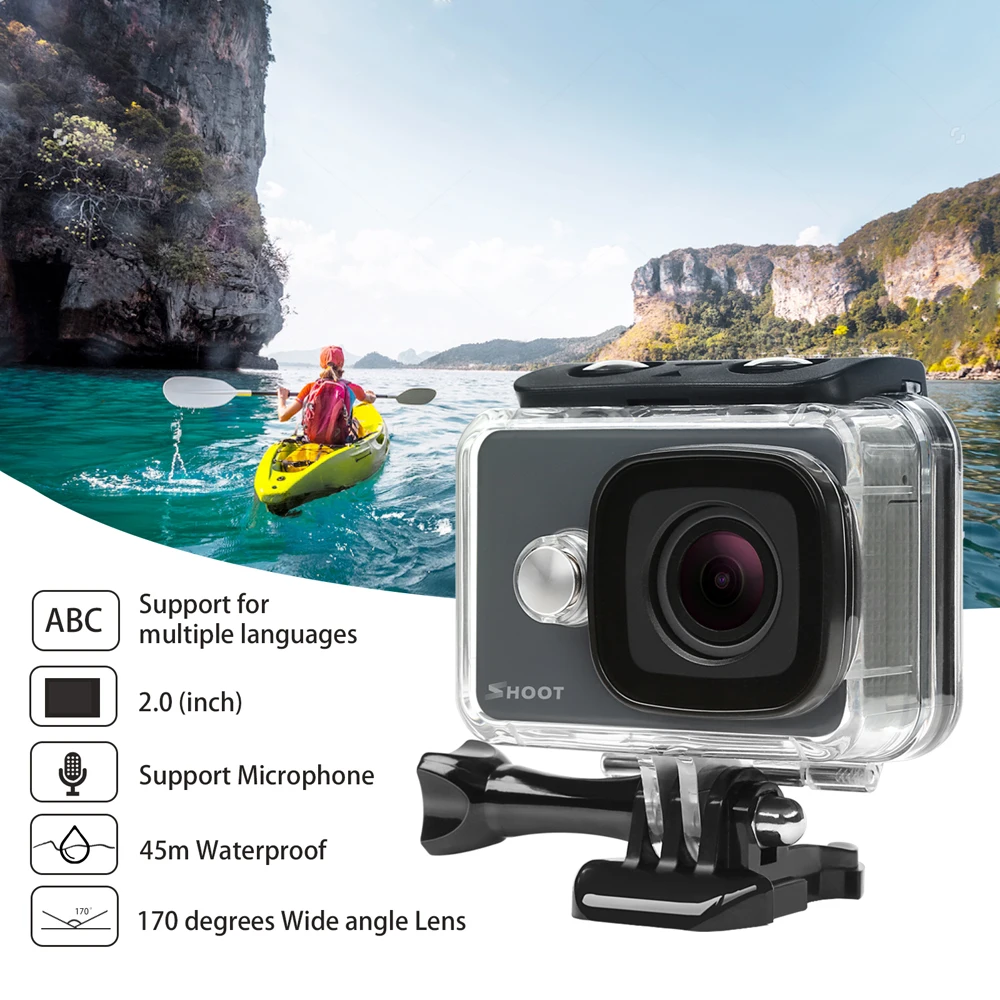 SHOOT 45M Waterproof 4K Action Camera 14MP 1080P/60FPS Ultra HD WiFi Sport Cam with 170 Wide Angle