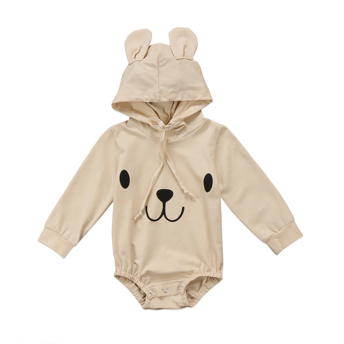 

US STOCK Newborn Baby Boy Girl Bodysuits cartoon bear print Hooded Jumpsuit Clothes Outfit long sleeve khaki Bodysuits for baby