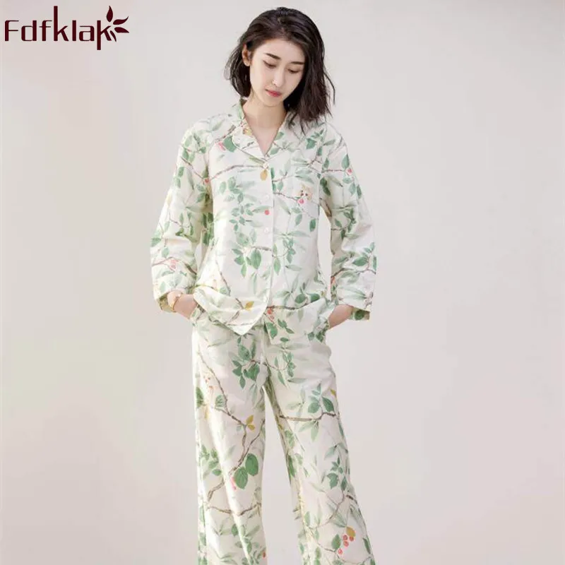 Fdfklak Для женщин Pijamas хлопок Комплект ночной одежды 2018 Демисезонный печати пижамы Для женщин пижамы с длинными рукавами Домашняя одежда