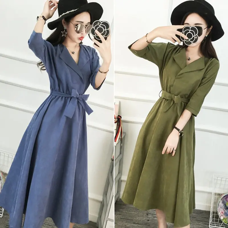 Новое корейское модное синее зеленое платье с рукавом до локтя, повседневные платья с поясом, женские осенние замшевые миди платья для женщин