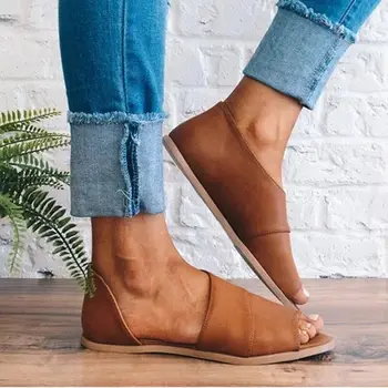 

2019 fish mouth women sandals big size 42 43 summer shoes woman soft PU leather brown ankle slip-on breathable footwear