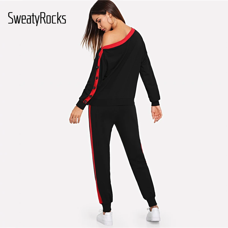 SweatyRocks, черный комплект из 2 предметов, полосатый женский спортивный костюм, осенний комплект из двух предметов, Асимметричный топ с пуговицами на шее и штаны