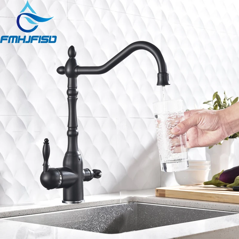 

FMHJFISD Kitchen Faucet Black Drinking Water Filter Dual Handle Brass Purifier Vessel Sink Mixer Tap Hot and Cold Water Torneira