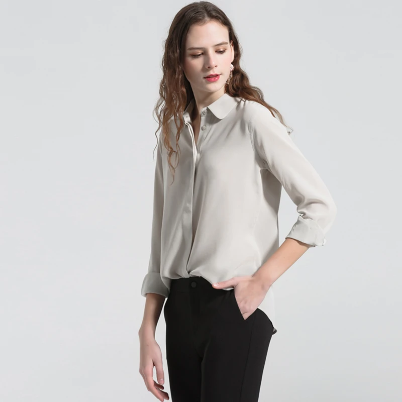 

100% Silk Blouse Women Shirt High Quality Lightweight Fabric Simple Style 2 Colors Formal Tops Basic Clothing New Fashion 2017