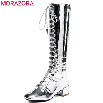 

MORAZORA 2020 new style knee high boots women lace up +zip punk patent leather lady boots square toe autumn boots casual shoes