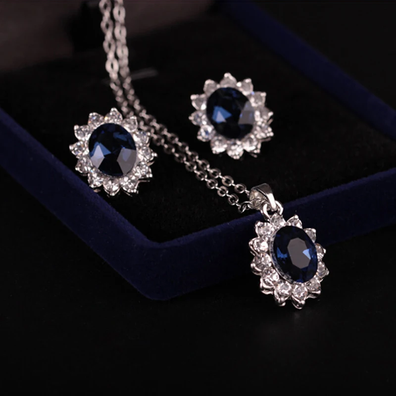 Blue Crystal Stone Necklace Earrings Set For Brides Wedding Jewelry Sets Silver Color For Women Jewelry Anniversary Gift