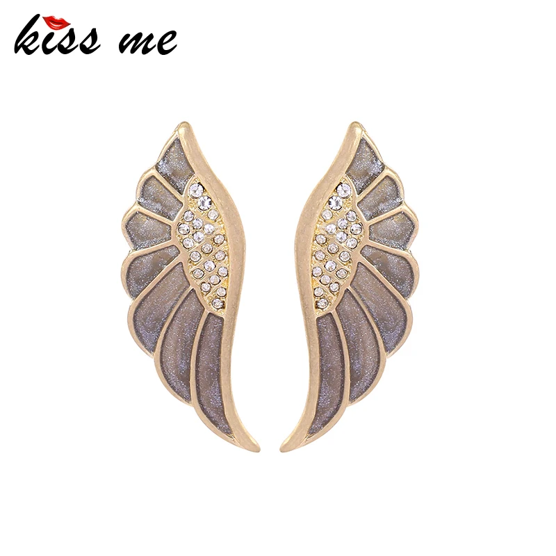

Kiss Me Vintage Gold Color Enamel Feather Shiny Crystals Stud Earrings Elegant Women Earrings For Female Gift Accessories