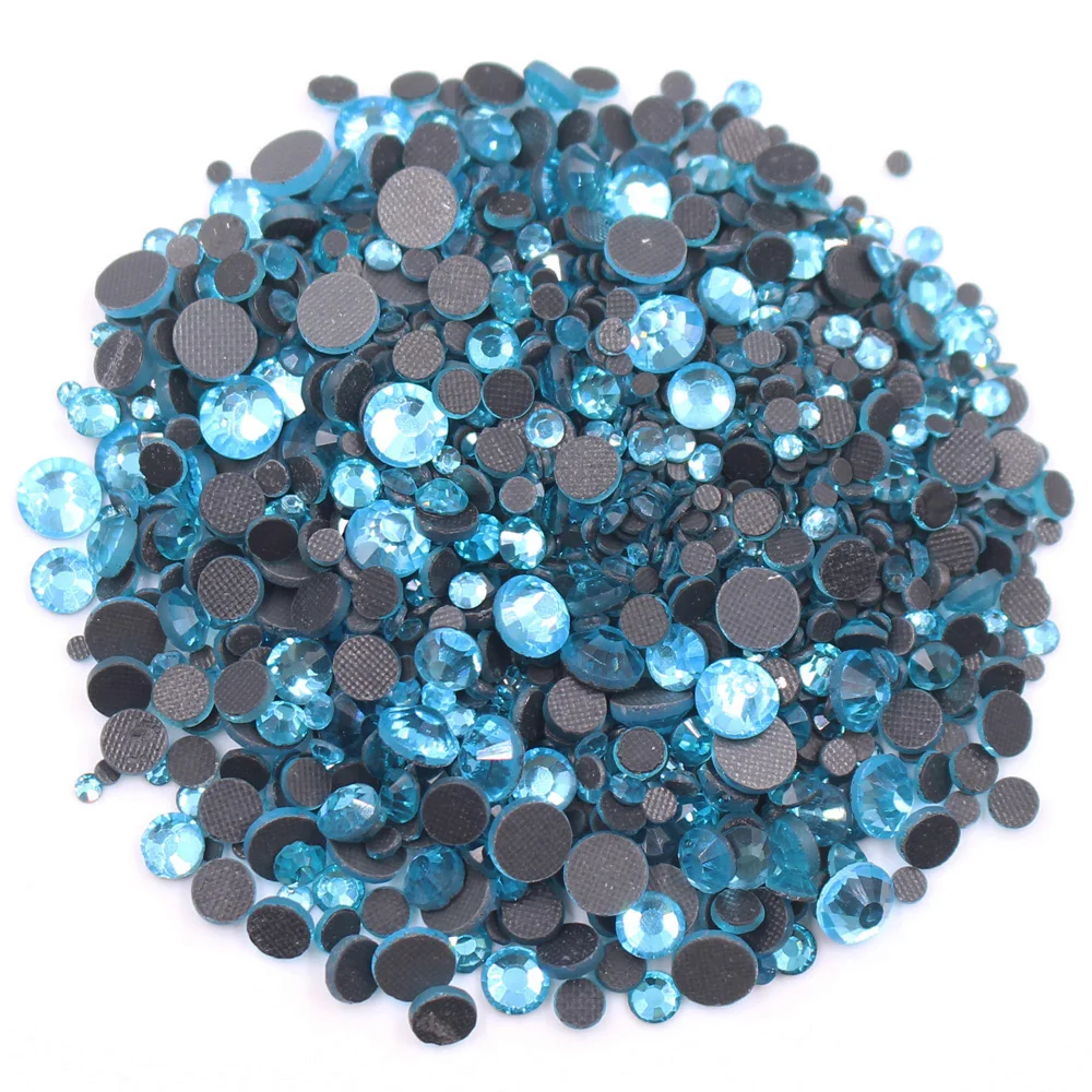 Mix Size Aquamarine Glass Beads Crystals Strass Glue Rhinestones Fabric