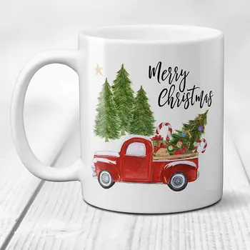 

Merry Christmas Coffee Mug with Vintage Red Truck and Christmas Tree Coffee Cup