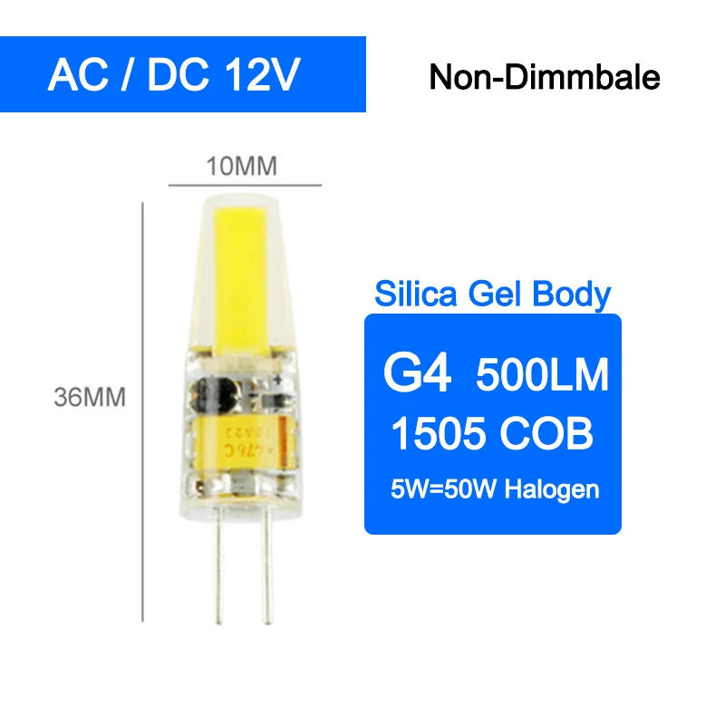 COB Dimmable g4 Светодиодный светильник g9 светодиодный светильник лампа e14 Лампа AC/DC 12 В 220 В 3 Вт 5 Вт 6 Вт светодиодный G4 G9 лампа замена галогенная лампа 1 шт./5 шт - Испускаемый цвет: G4 ACDC 12V 5W NoDim