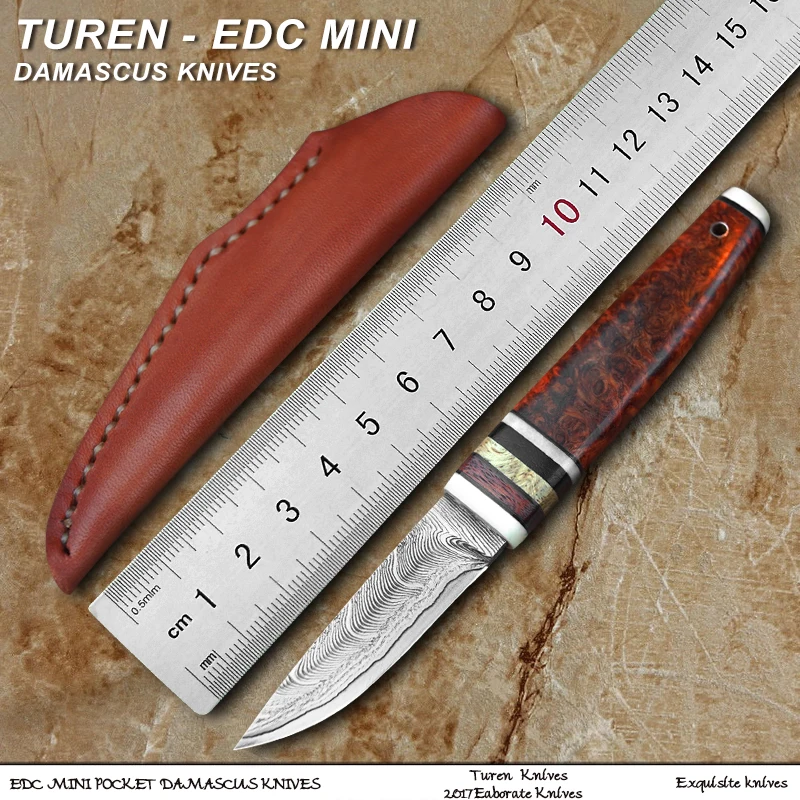 TUREN-EDC мини Дамаск Открытый Охота Ножи для шашлыков 60HRC сафлор груша galls ручка с