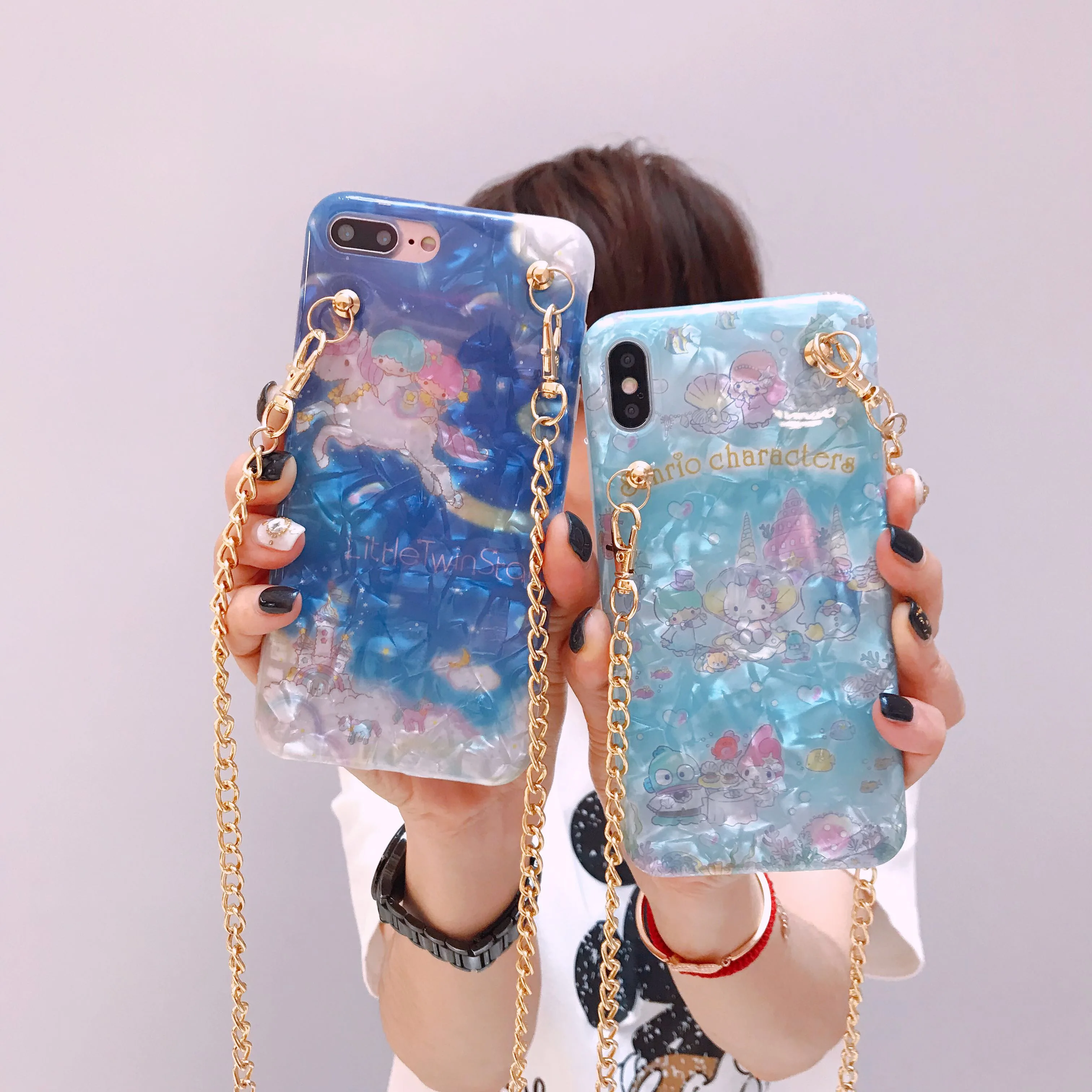 

For iPhone XR Gemini shell phone Case for iphone X XS Max / 7/ 8plus/ 6 /6s plus Bling Hello kitty fundas hang rope