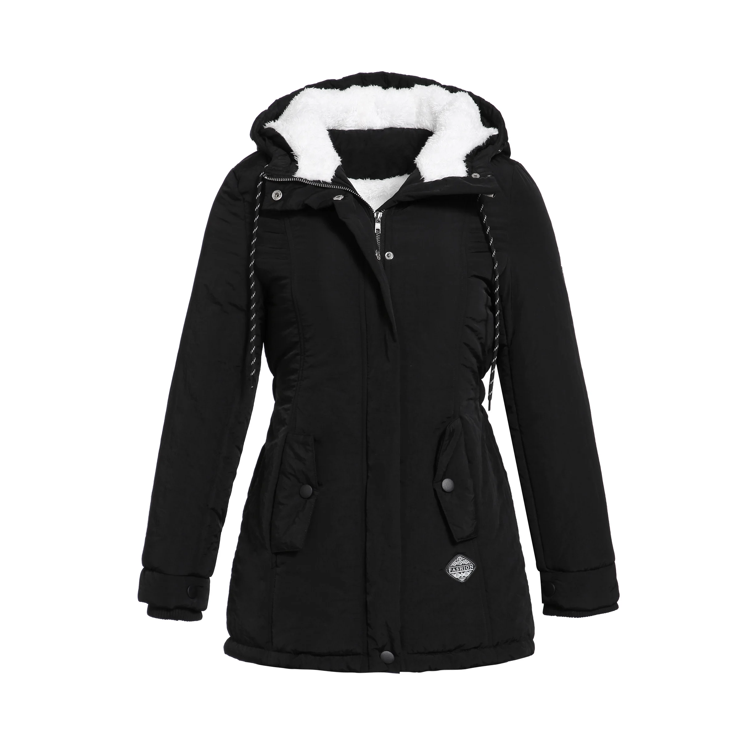 

Women Jackets Casual Winter Warm Simple Black Gothic Slim Hooded Zipper Pocket Solid Coats OL Ladies Female Fashion Overcoats