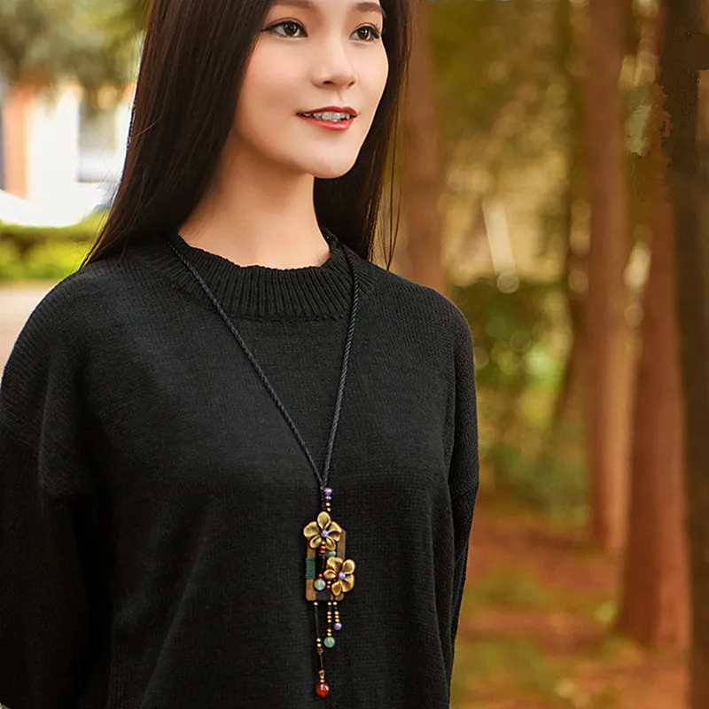 Yanting Bronze Flower Long Necklace Square Wood Vintage Necklace Aventurine Amethyst Ethnic Handmade Sweater Necklaces For Women 039 (4)