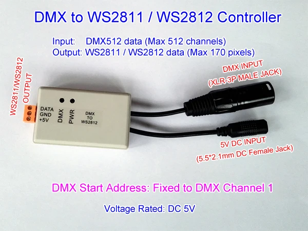 

DMX to 5V WS2811 WS2812 SK6812 Controller;up to 170 pixels;DC5V input