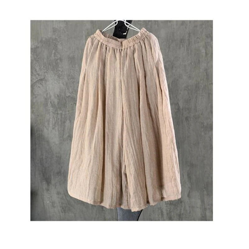 Wanita Katun Linen Lebar Kaki Celana 