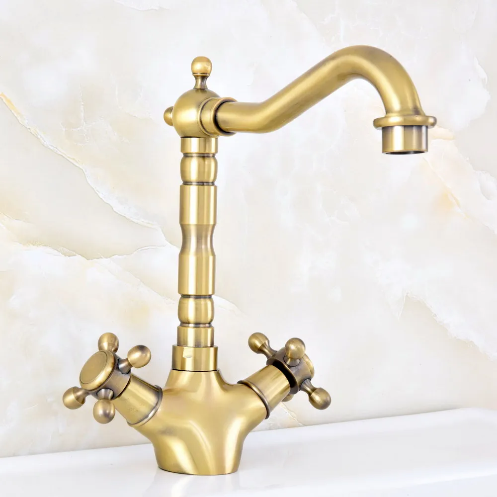 Vintage Retro Antique Bronze Dual Cross Handles Bathroom Kitchen Basin Sink Faucet Mixer Tap Swivel Spout Deck Mounted msf126