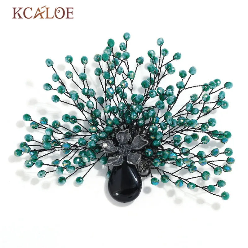 

KCALOE Green Bouquet Crystal Bead Brooch Black Natural Stone Women Pins And Brooches Vintage Antique Flowers Hijab Pin Jewelry