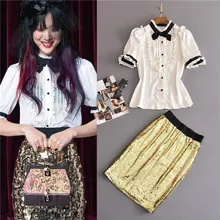 2017 summer runway set 2 pcs short sleeve cute blouses and gold sequins slimming skirts set bow ruffle tops and nallow hip skirt