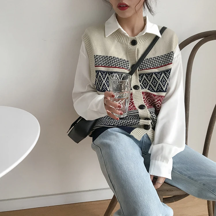 

autumn 2019 winter coat harajuku korean fashion personality retro diamond lattice geometric knitted vest cardigan sweater women