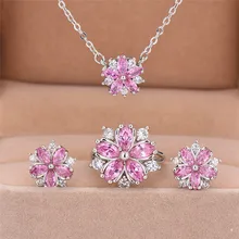 Корейский стиль, женское розовое Кристальное кольцо-Снежинка, серьги, ожерелье, ювелирный набор, Винтажный серебряный цвет, свадебное ожерелье, серьги, набор