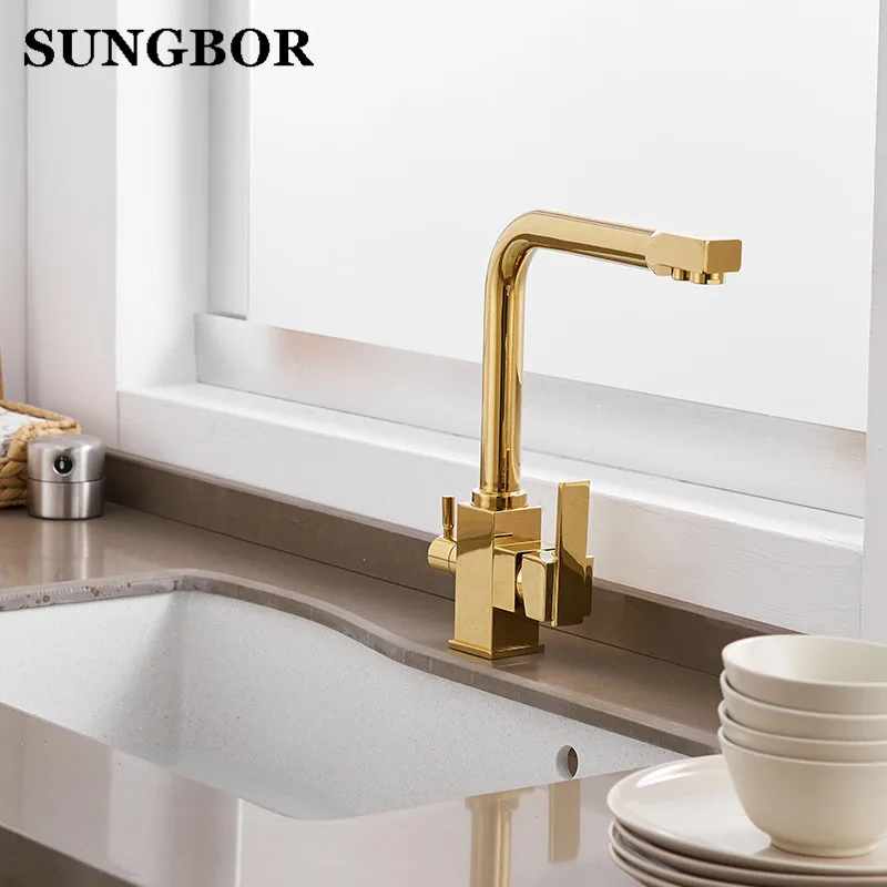  Solid Brass Kitchen Faucet with Filtered Water Marble Kitchen mixer For Sinks Taps Cold Hot Swivel Drinking Water Faucet 9050K