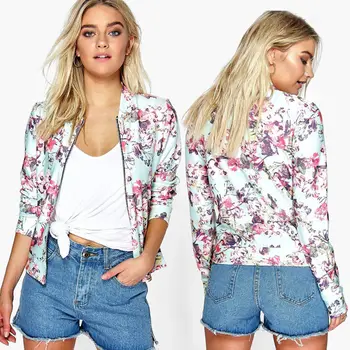 

2017 new Fashion Women Casual fashion Jacket floral printed Long Sleeve Zipper stand collar Suit Outwear Slim Coat