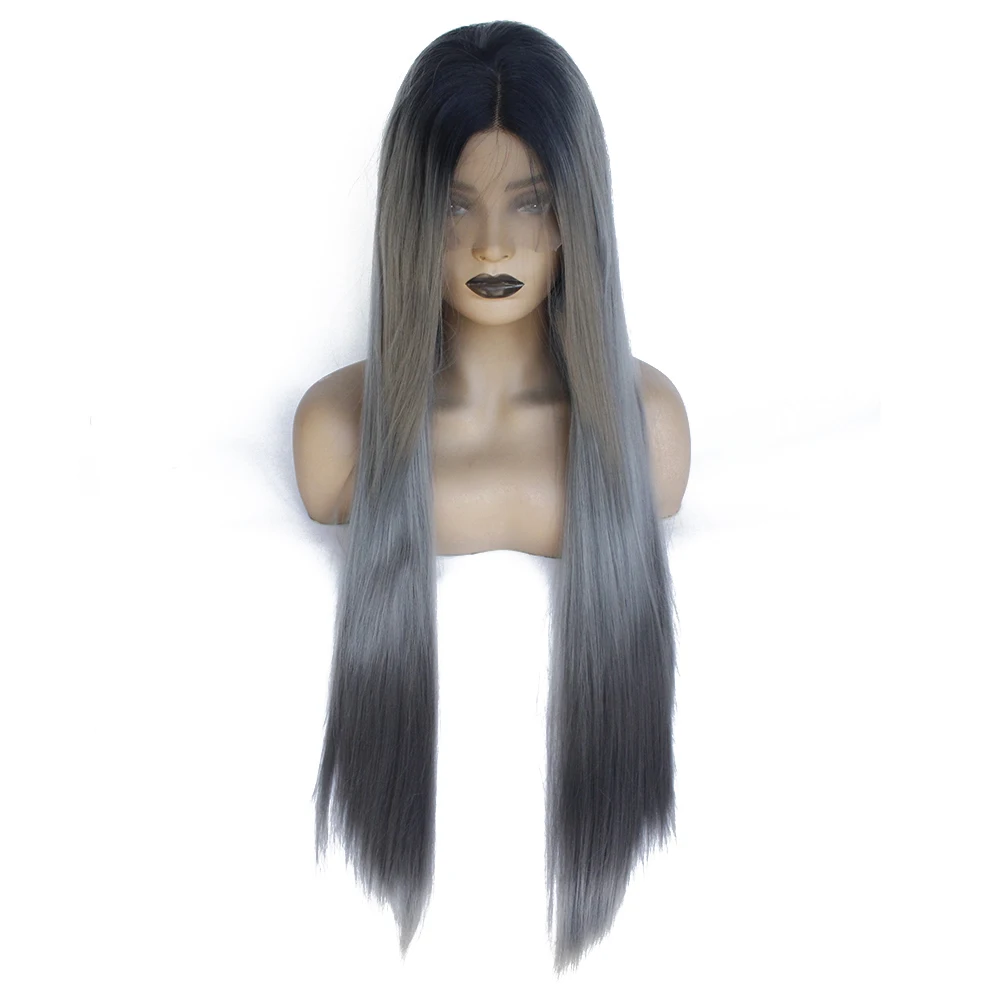 Dark Grey Lace Front Wig Black Roots Ombre Gray 2 Tone Long Natural Straight Wigs Realistic Synthetic Hair Replacement Wig for Women Half Hand Tied-3