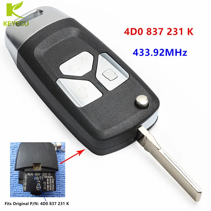 

KEYECU Replacement Upgraded Remote Car Key FOB 433.92MHz ID48 Chip 4D0 837 231 K for Audi A6 S6 RS6 A8 TT 1996 - 2006