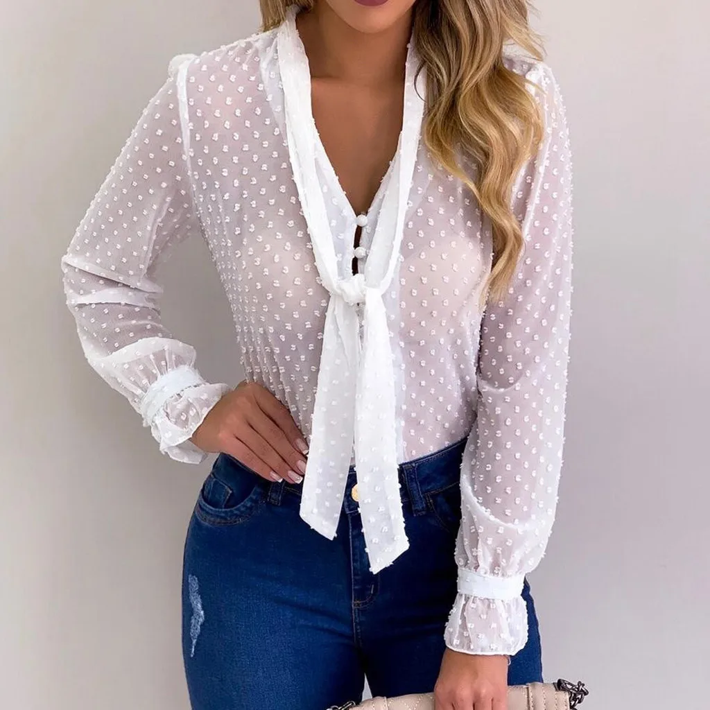 White Blouse Long Sleeve Chiffon Sheer Mesh Tieup Dot See Through Top Shirt Lady Plus Size Blusas Camisa z0708 | Женская одежда