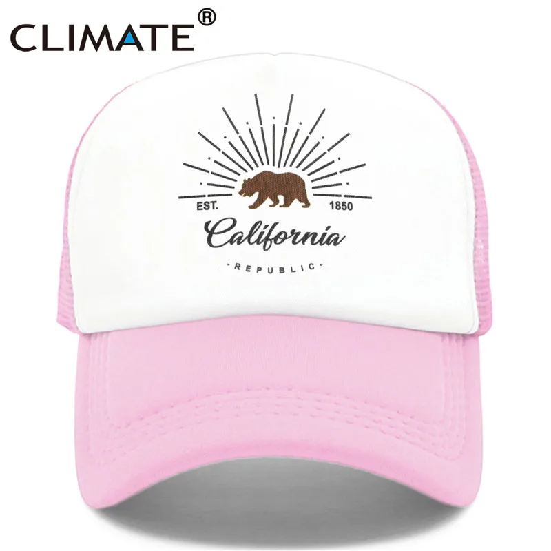 CLIMATE California Trucker, Кепка с изображением медведя, флага California, мужская, женская, хип-хоп, забавная Кепка, бейсбольная кепка, крутая, летняя, сетчатая Кепка - Цвет: Pink Cap