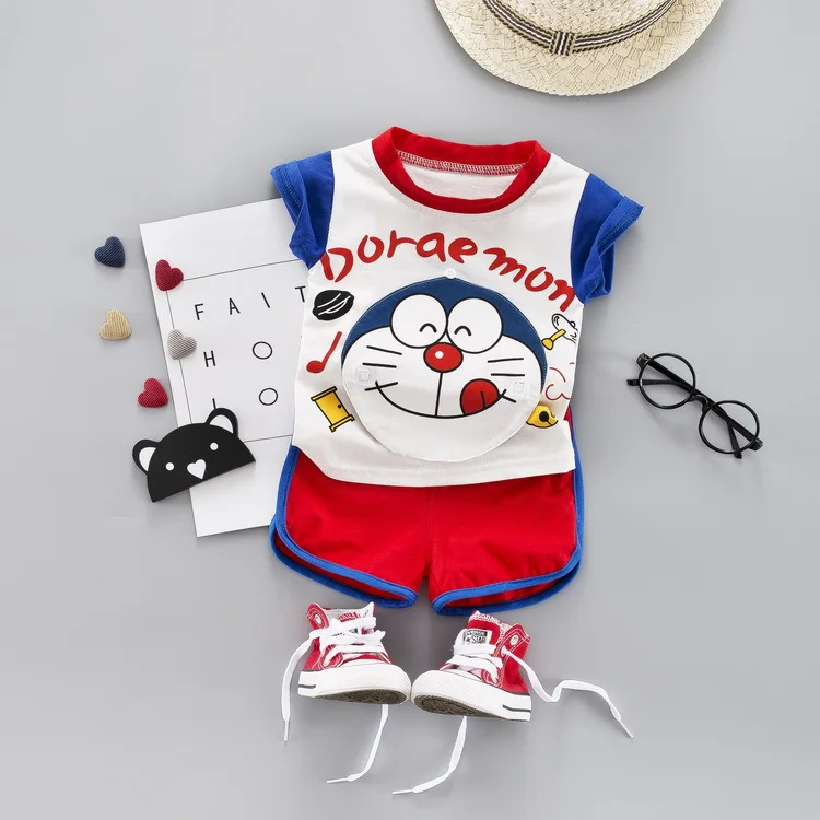 Toddler baby boys girl Clothing sets Summer Kids Replaceable Doraemon pattern T-Shirt+ Short Suits Infant Creativity Tracksuits - Цвет: Красный