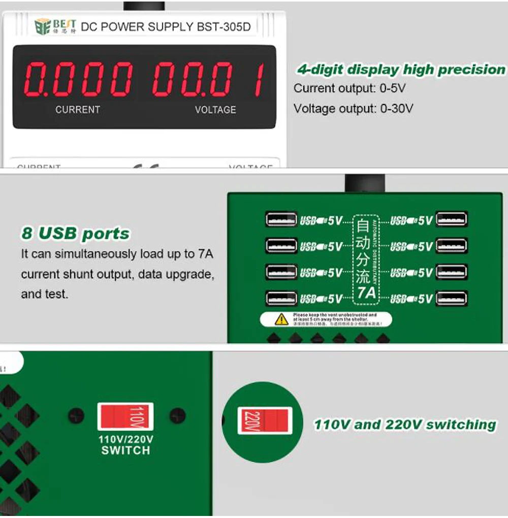 Лучший 305D 30V5A DC высокоточные инструменты Регулируемый Импульсный Светодиодный источник питания Регулируемый источник питания ремонтный инструмент 9USB порт