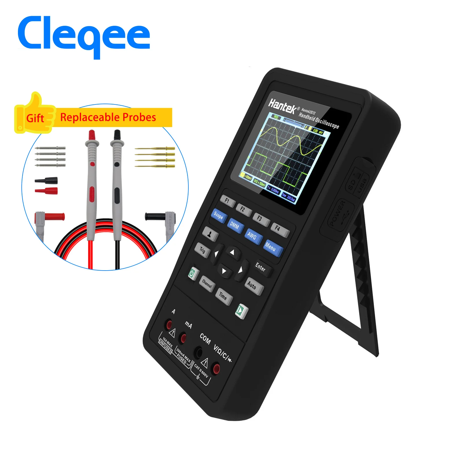 

Hantek 3in1 Digital Handed Oscilloscope 2 Channels 40mhz 70mhz+Waveform Generator+Multimeter Portable USB LCD Display Test Tool