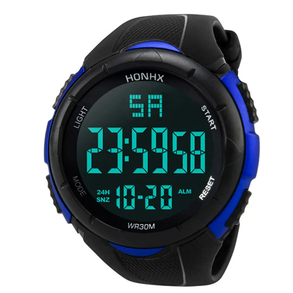 Спортивные водонепроницаемые мужские часы с ЖК-дисплеем для мальчиков, цифровые часы с секундомером и датой, силиконовые спортивные часы, светящиеся наручные часы, люксовый бренд - Цвет: blue