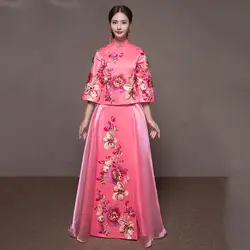 Изысканная вышивка женский розовый Cheongsam свадебное платье невесты винтажное вечернее платье классический свадебный костюм Hanfu одежда