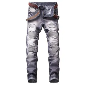 

2019 New Fashion Men Jeans European High Street Motorcycle Biker Jeans Men Patch style Slim Jeans pants