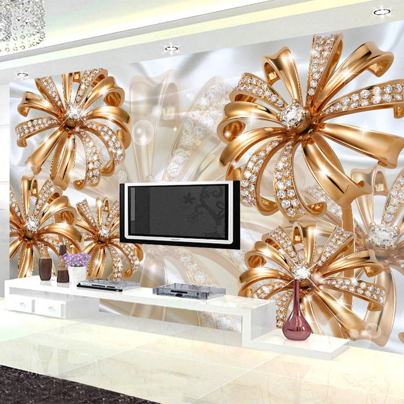 Пользовательские фото обои 3D стерео Золотой алмаз цветок Ювелирная роспись Гостиная ТВ диван фон стены Роскошные Papel де Parede 3D