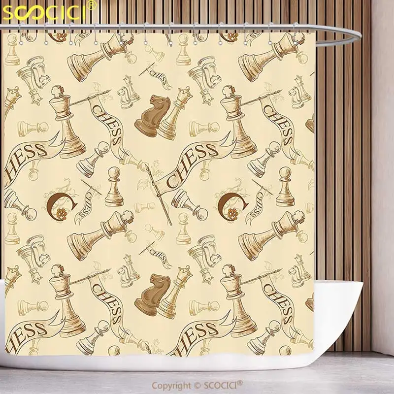 

Decorative Shower Curtain Beige Decor Various Sized Chess Game Pieces Players Vintage Syle Retro Backgound Shower Curtain