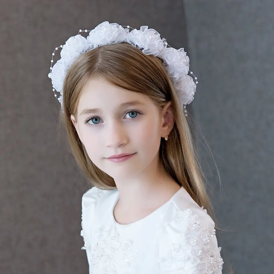 

Children Hat Wedding Baptism Communion Bridal/Flower Girls Short Head Veil Hat White Floral Headband Kids KT-VL006