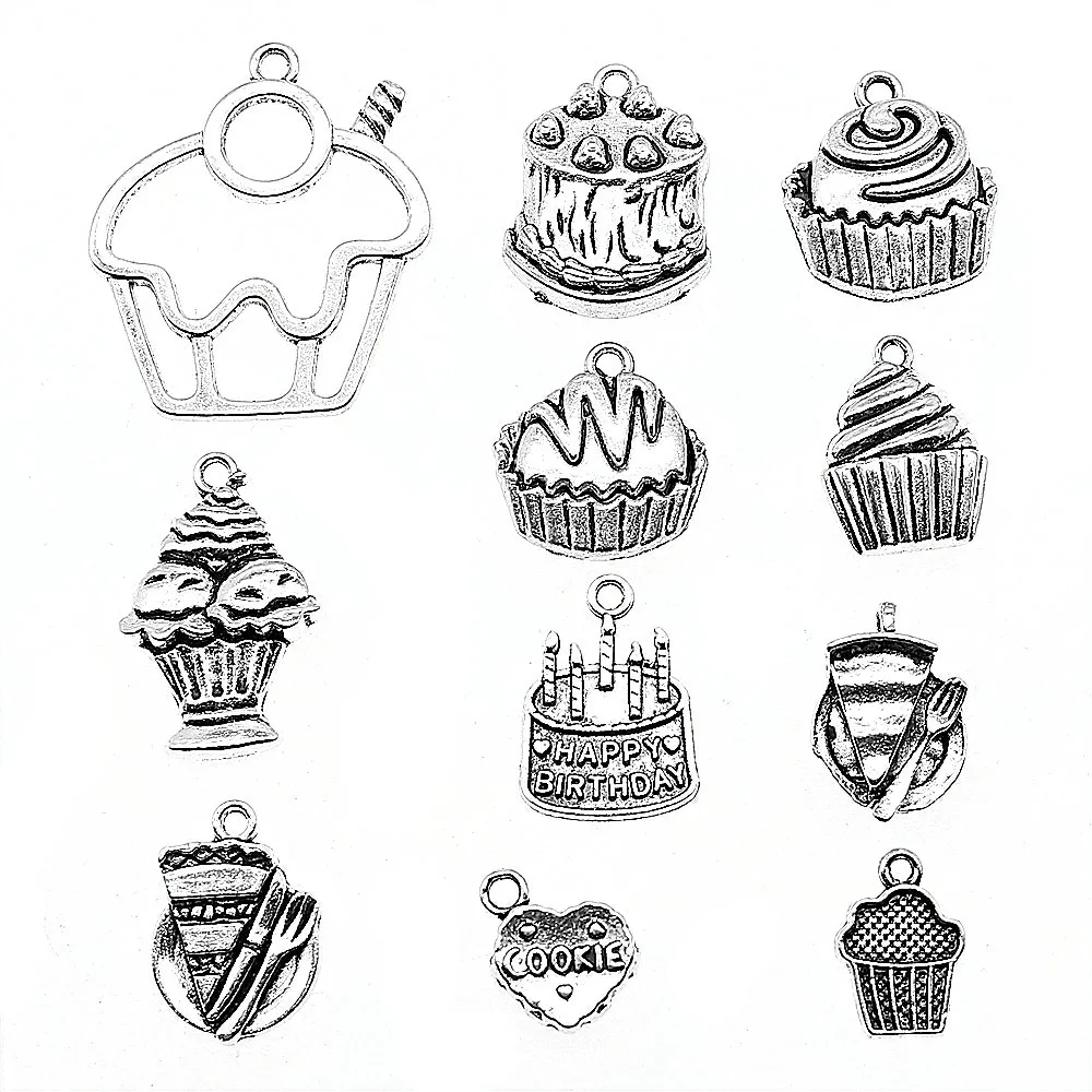 

10pcs Charms For Jewelry Making Birthday Cake Charms Cupcake Antique Silver Color 3D Cupcake Pendant Charms