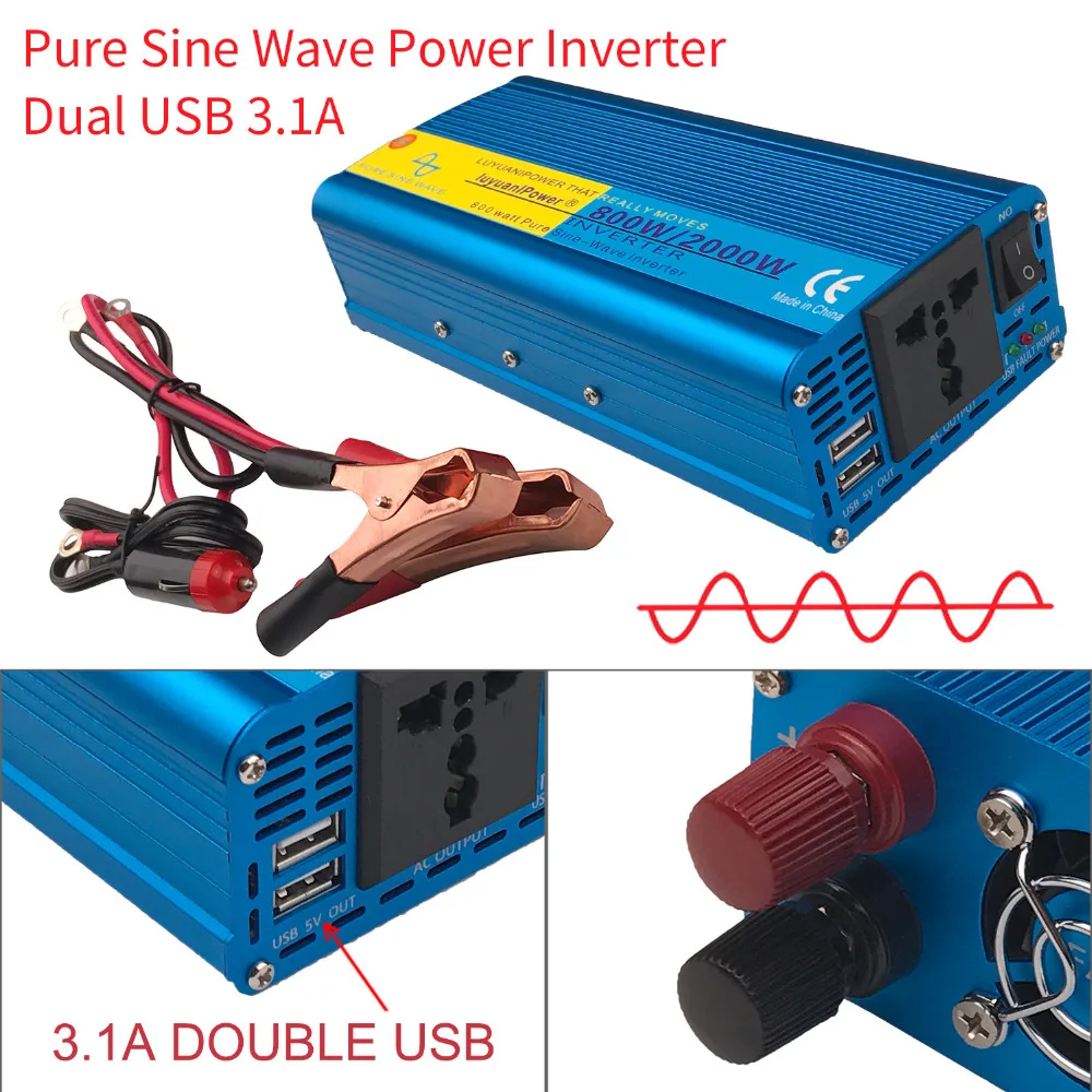 

Pure Sine Wave Dual USB 2000W Watt DC 12V to AC 220V Portable Car Power Inverter Charger Converter Adapter DC 12 to AC 220V
