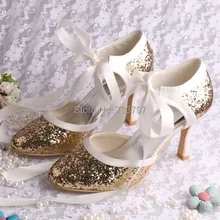 Новый Обувной Моды Партия Обуви Bling Bling Свадьбы Невеста Насосы Золотой Блеск Атласа Цвета Слоновой Кости