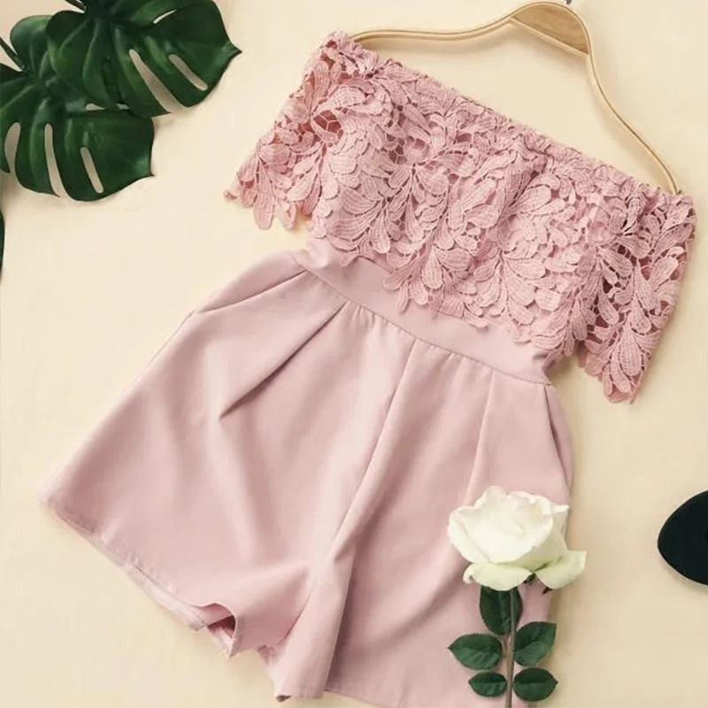 

Off Shoulder Lace Sexy Women Playsuits Patchwork High Waist Wide Leg Pockets Ladies Jumpsuits 2019 Fashion Summer Beach Rompers