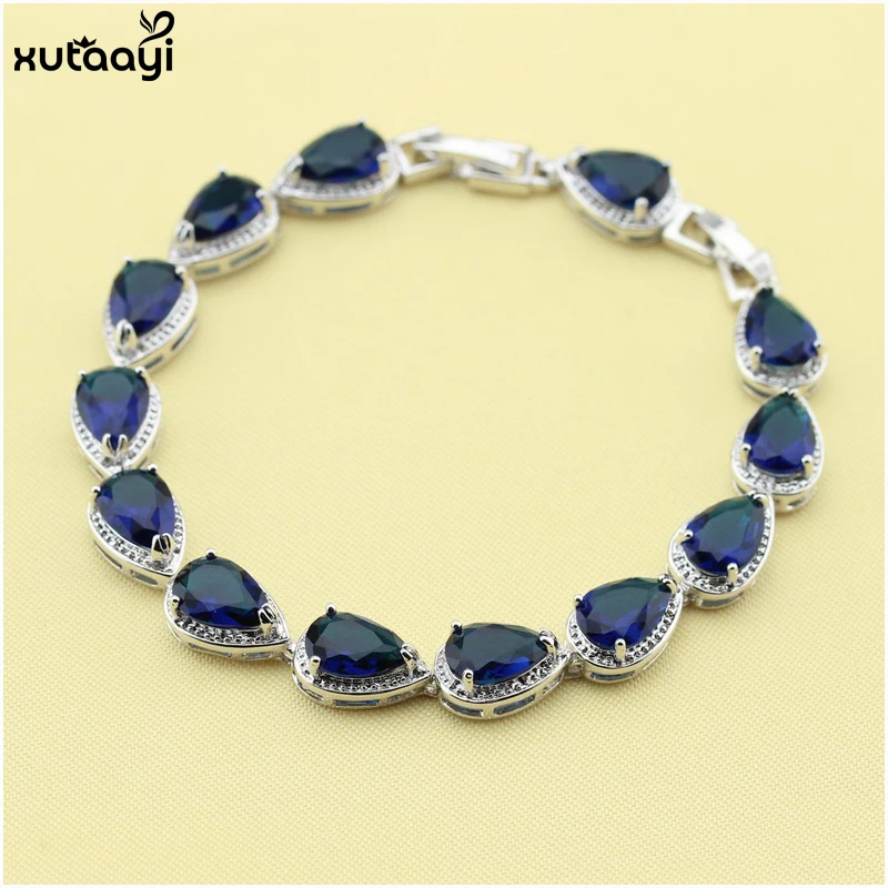 XUTAAYI Top Quality 925 Silver Jewelry Sets Blue Created Sapphired Flawless Necklace/Rings/Earrings/Bracelet For women - Image 6